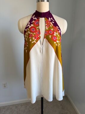 Free People Floral Halter Keyhole Tank in Cream, Tan & Purple SZXS